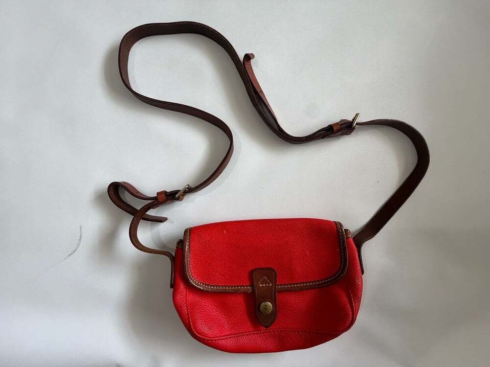 Crossbody Bag Small Red Faux Leather Brown Trim Buckle Flap Shoulder Purse